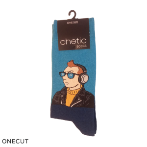 نمای کامل جوراب ساقدار طرح تن تن هدفون دار با بسته بندی برند Chetic Socks